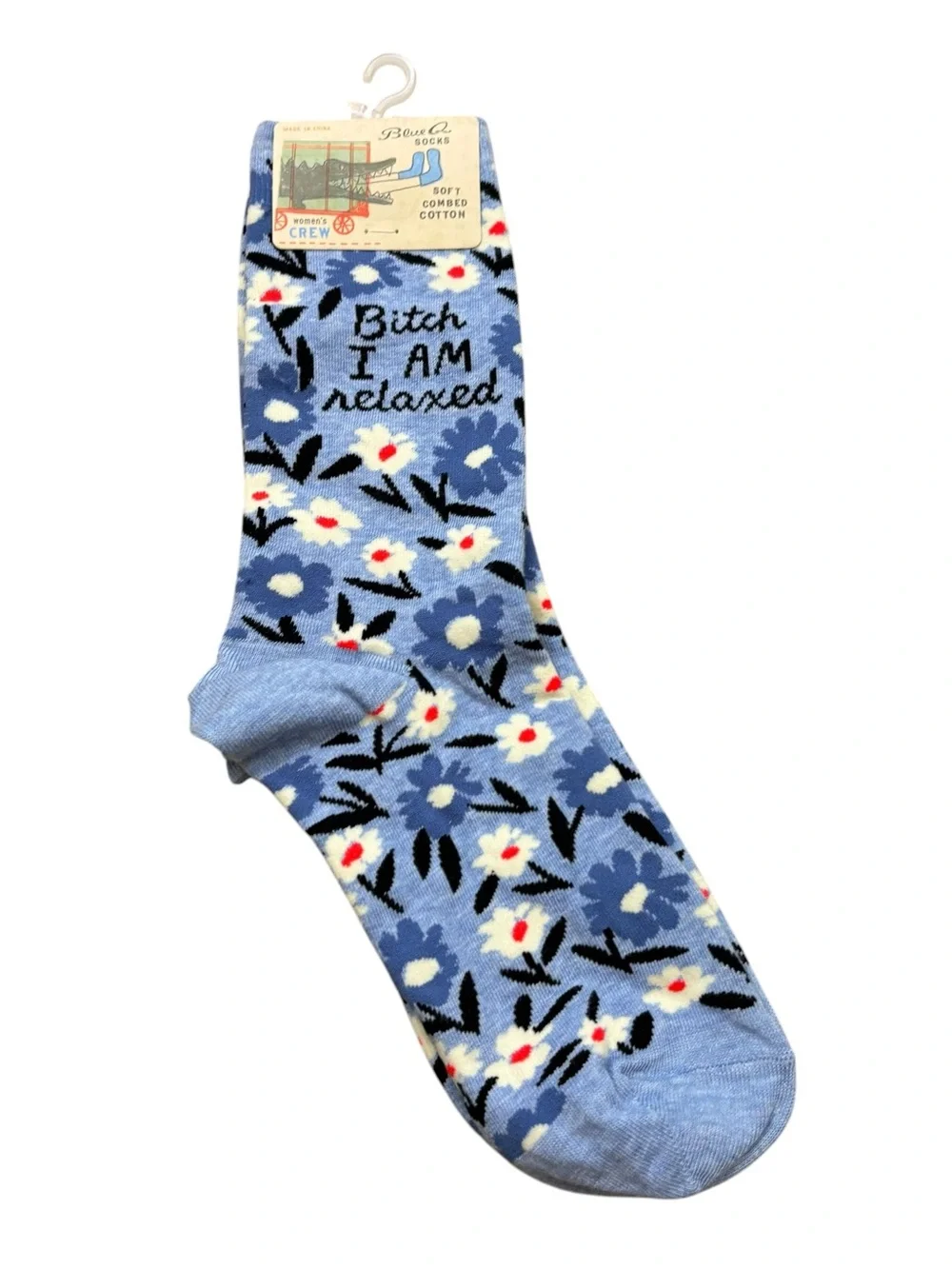 Brand new with Tags‎ Blue Q Women’s Crew Socks “B*tch I am Relaxed” Text